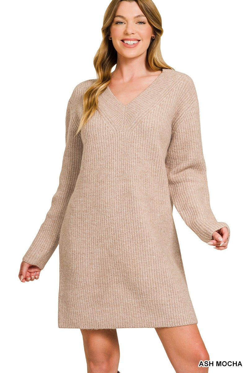 V Neck Sweater Dress - Ash Mocha