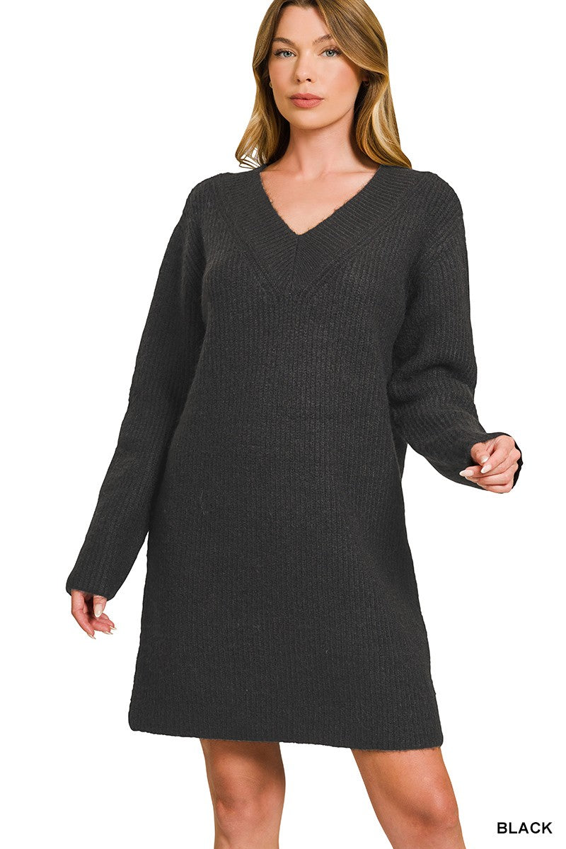 V Neck Sweater Dress - Black
