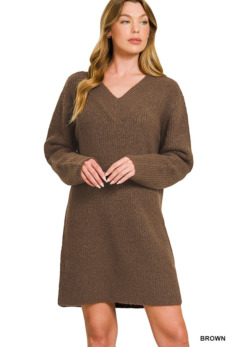 V Neck Sweater Dress - Brown