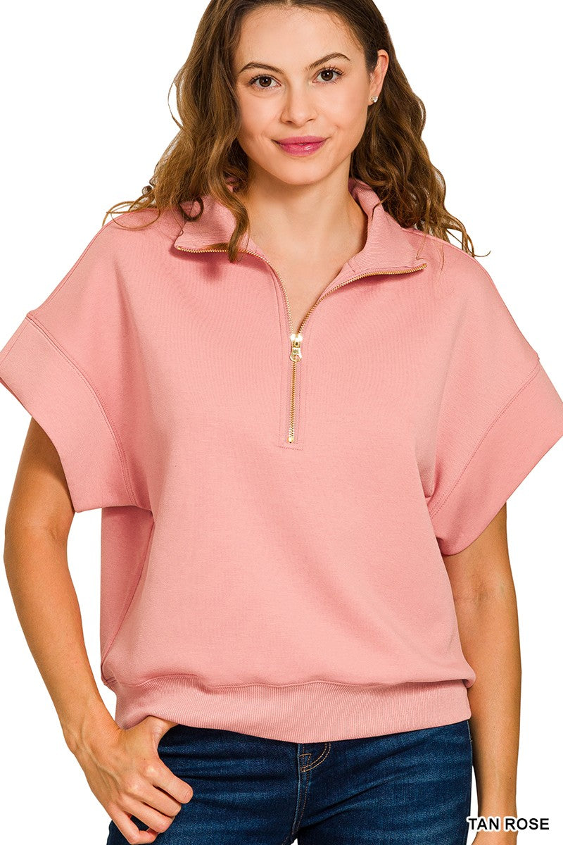 Scuba Half Zip Short Sleeve Pullover - Pink