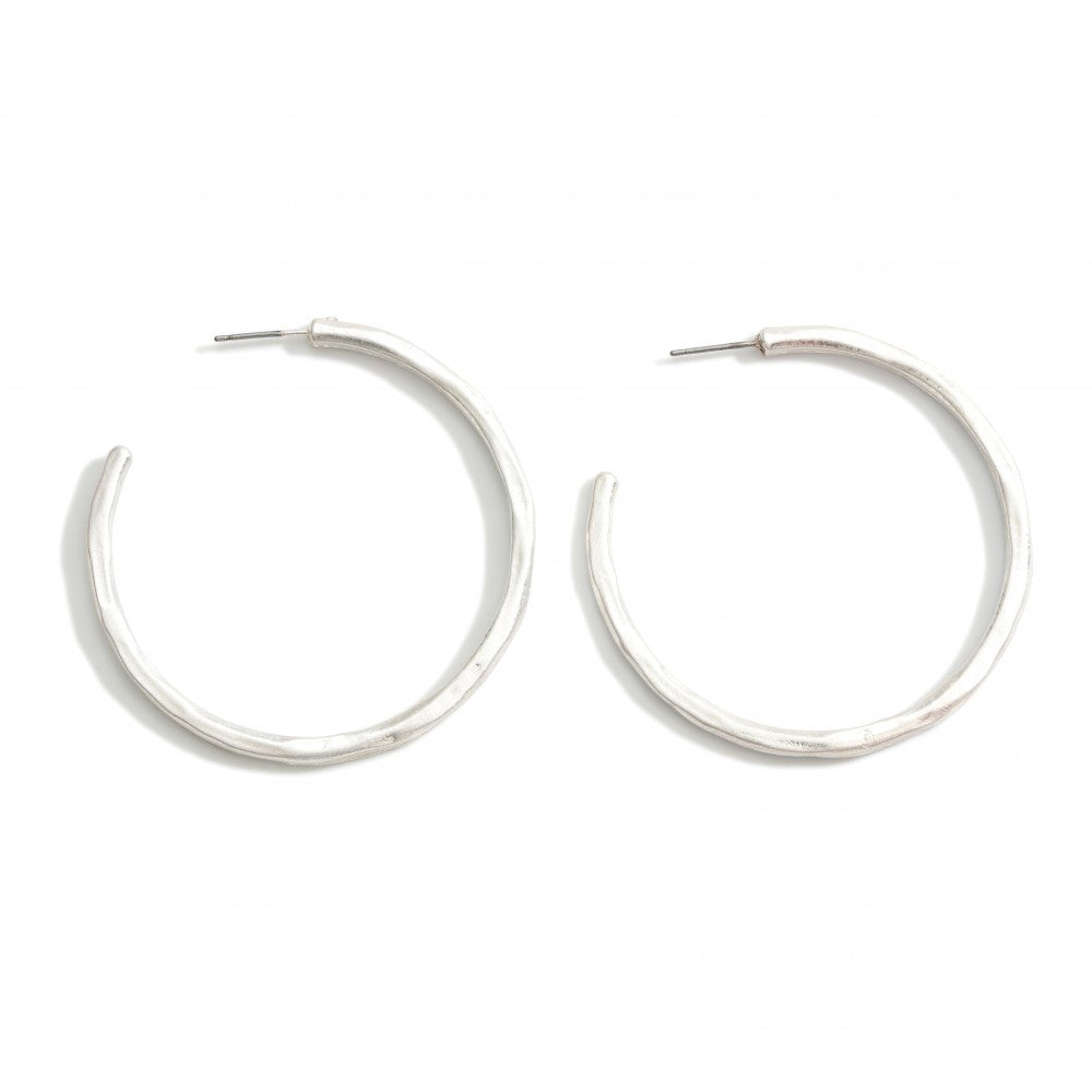 Hammered Metal Hoop Earrings - Silver