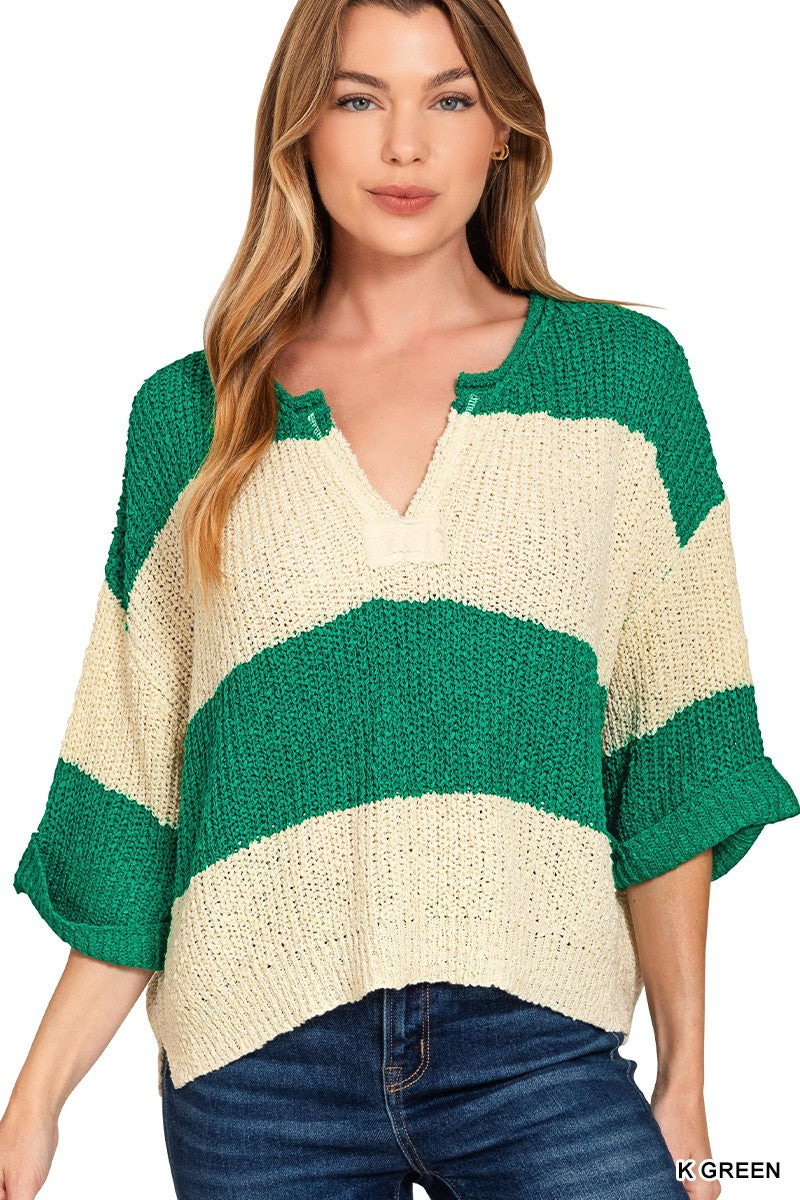 Split Neck Stripe Sweater