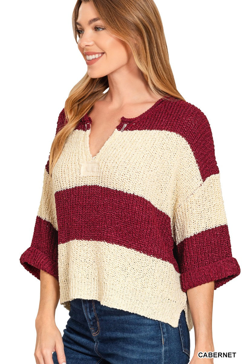 Split Neck Stripe Sweater
