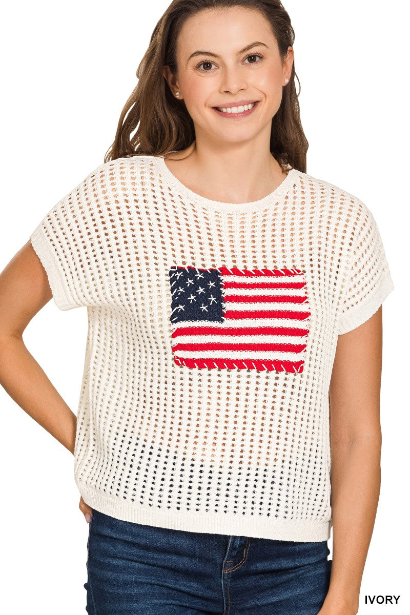 American Flag Open Stitch Sweater