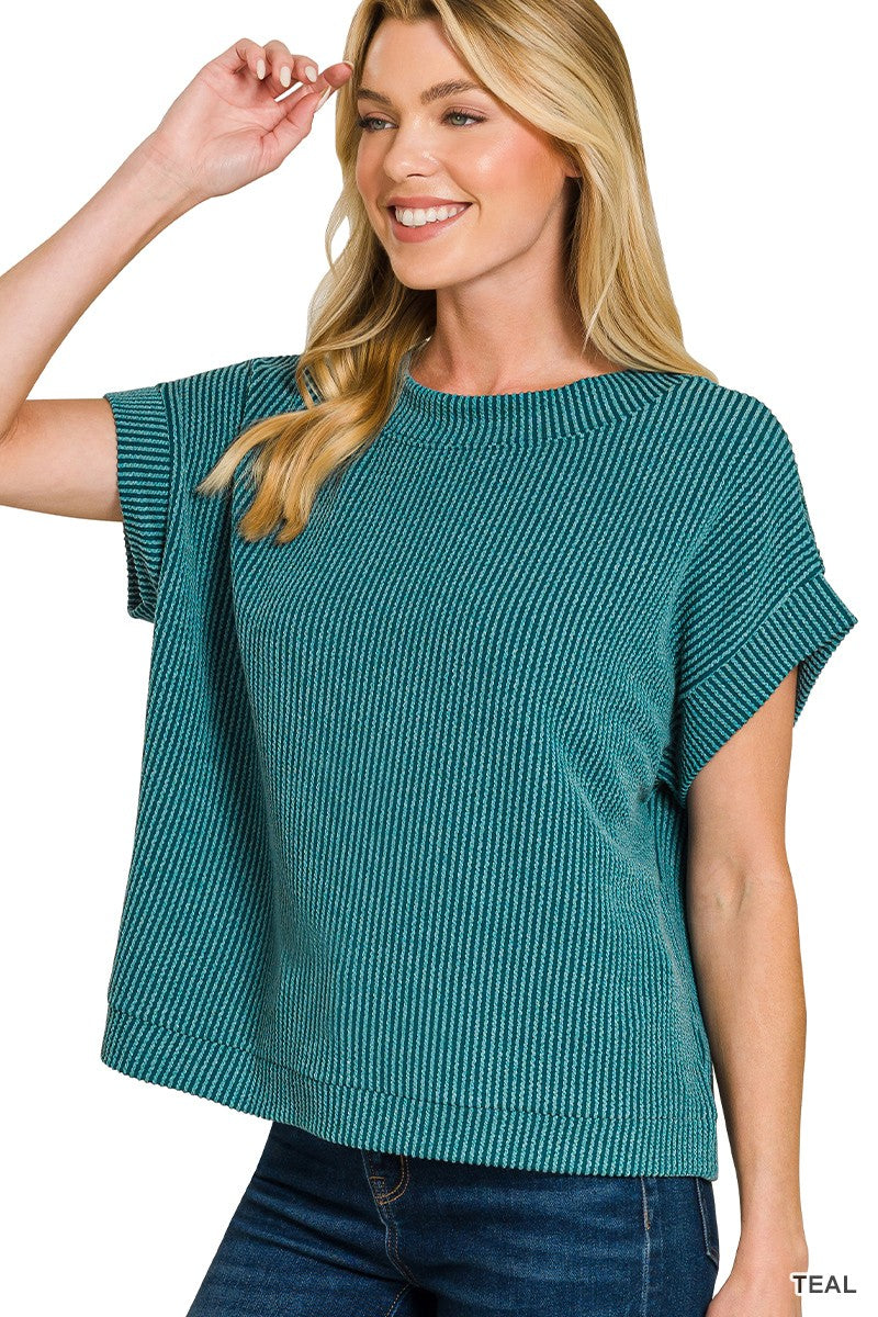 Raised Rib Cap Sleeve Top - Teal