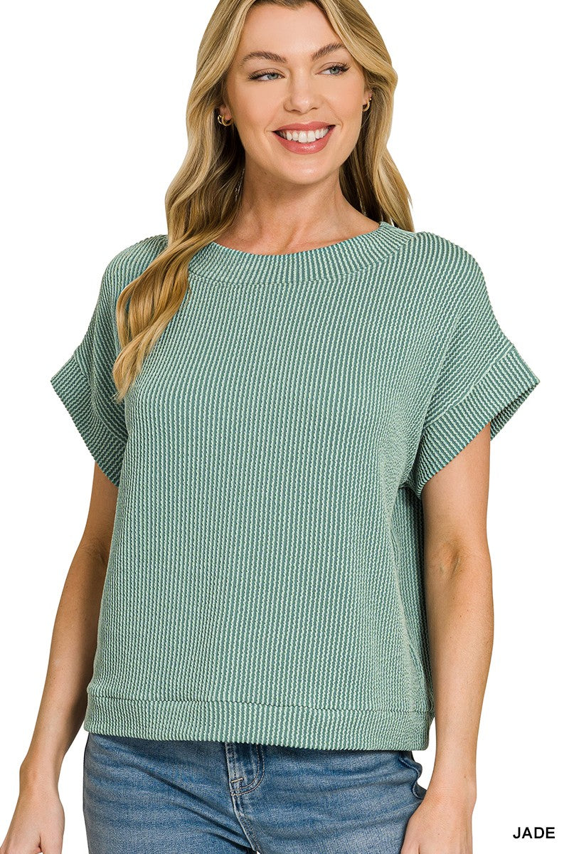 Raised Rib Cap Sleeve Top - Jade