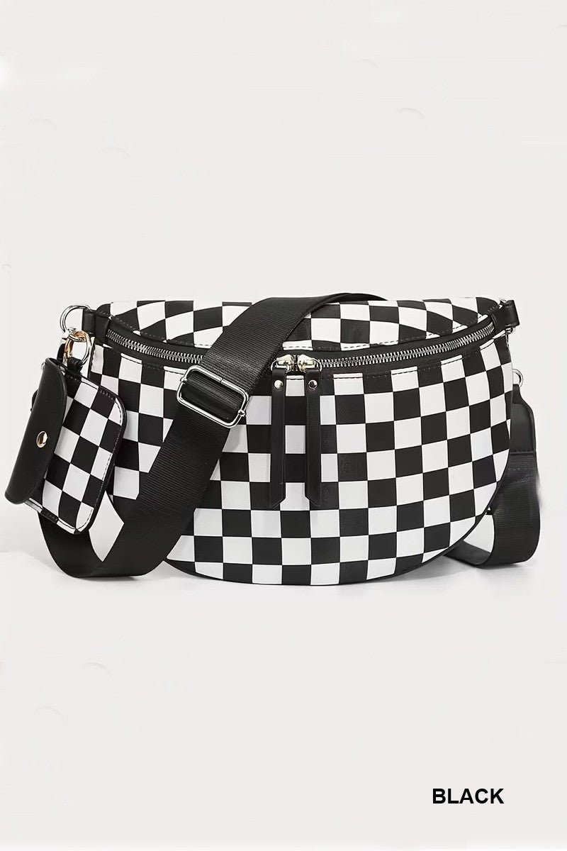 Checkered Crossbody Duo Sling Bag & Wallet - Black / White