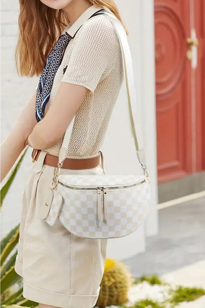 Checkered Crossbody Duo Sling Bag & Wallet - Beige