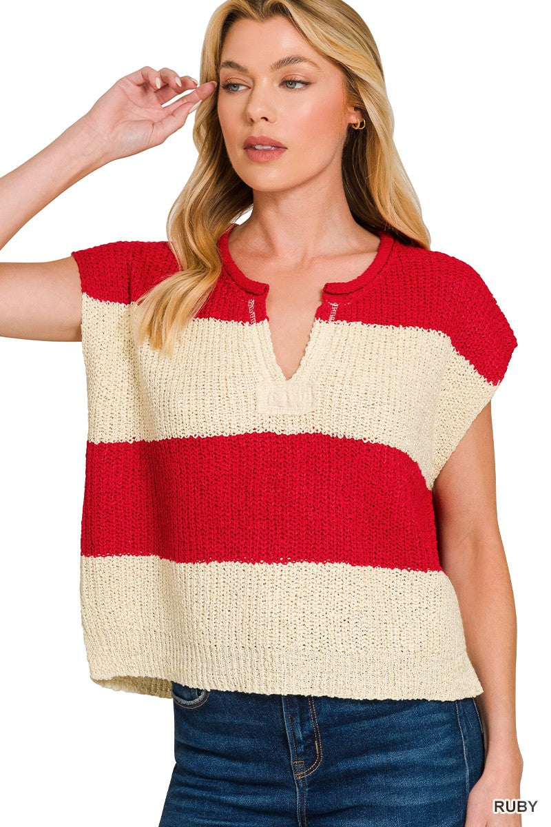 Split Neck Sleeveless Stripe Sweater Ruby