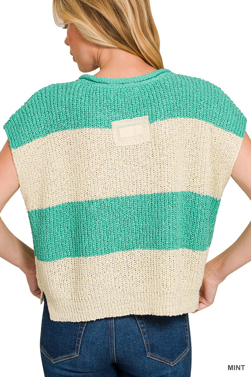 Split Neck Sleeveless Stripe Sweater Mint