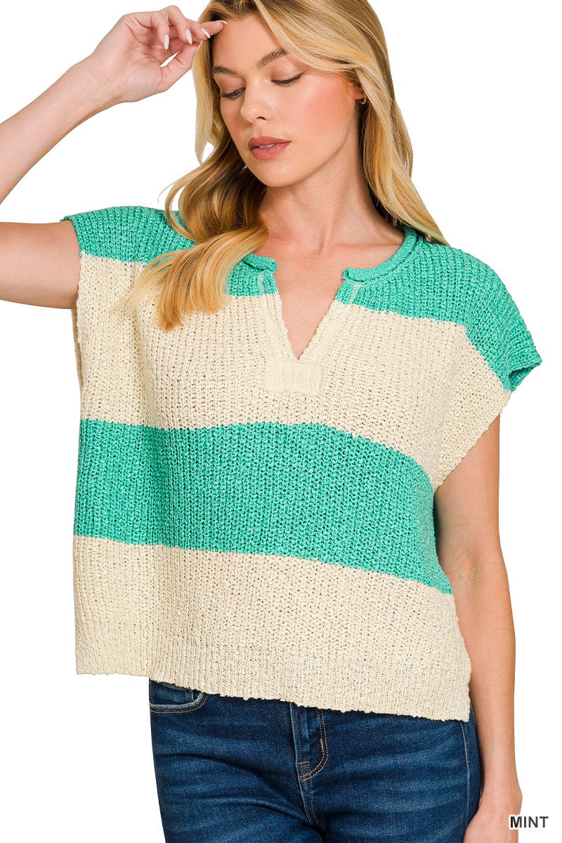 Split Neck Sleeveless Stripe Sweater Mint