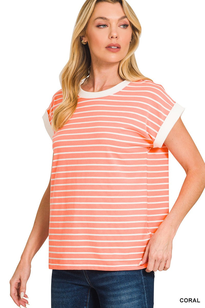 Coral Striped Cap Sleeve Top