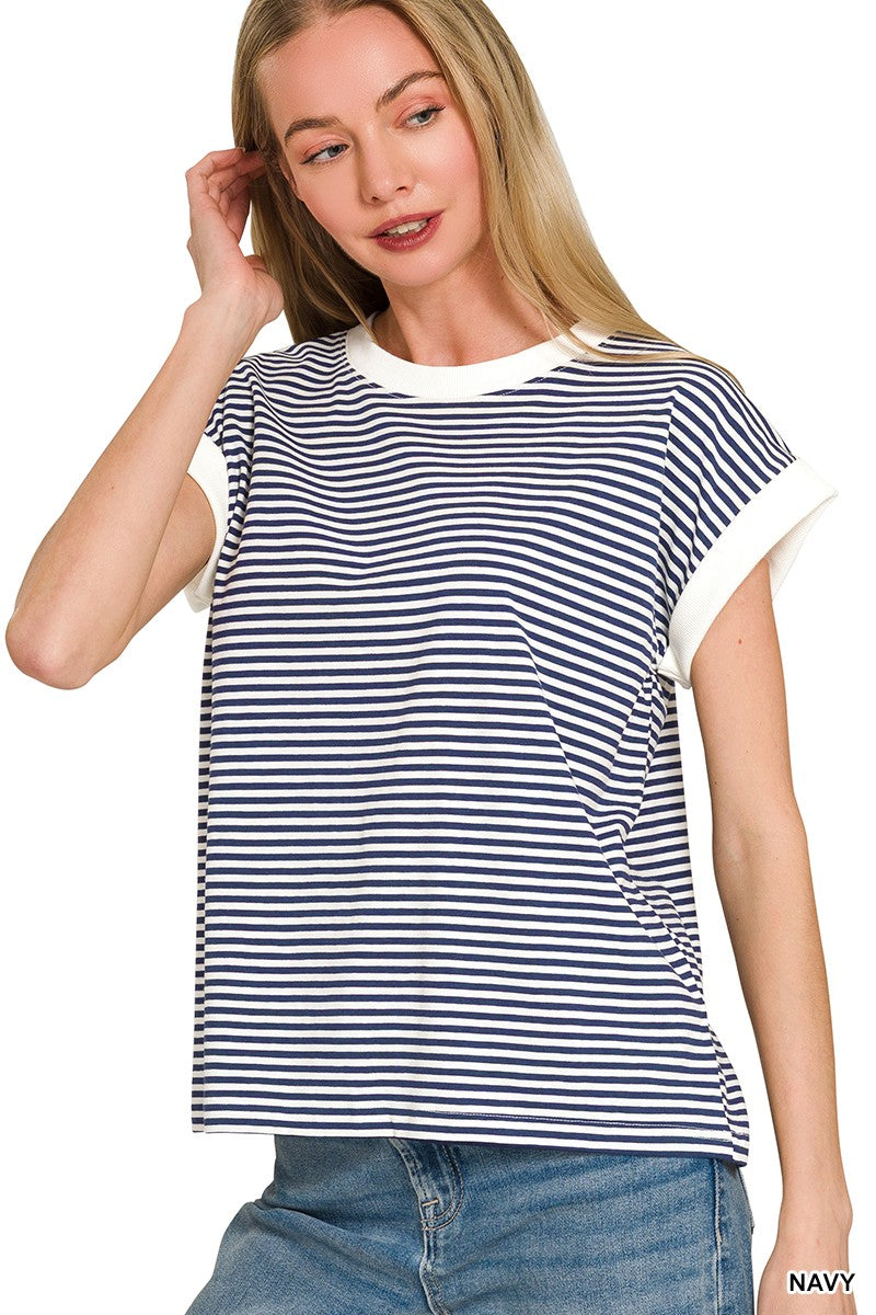 Navy Stripe Contrast Trim Top