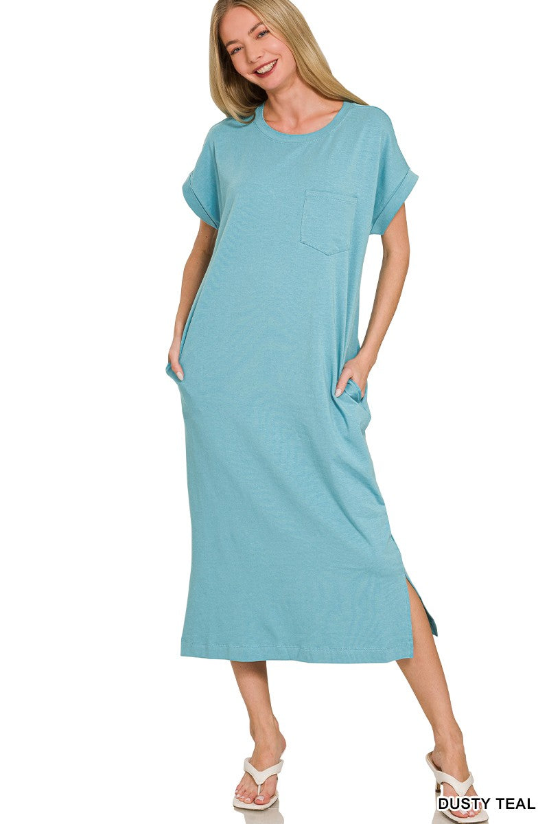 Round Neck Short Sleeve Midi Dress - Dusty Teal