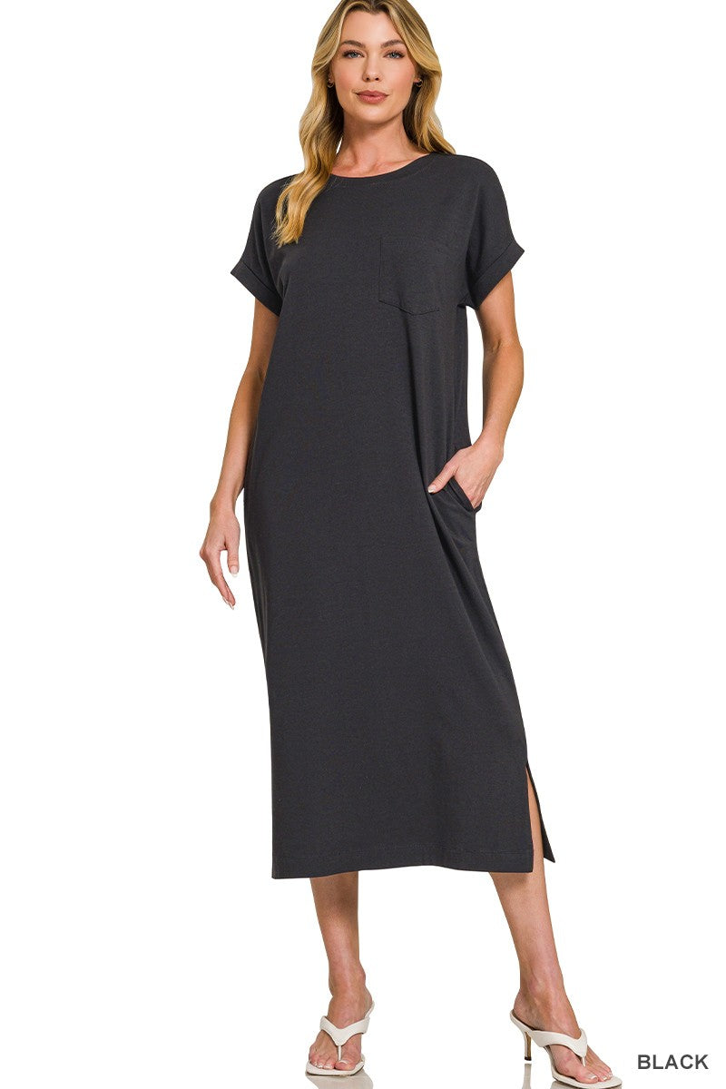 Round Neck Short Sleeve Midi Dress - Black