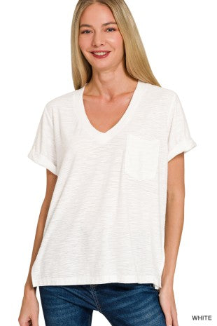 Rolled Short Sleeve V-neck Tee - White