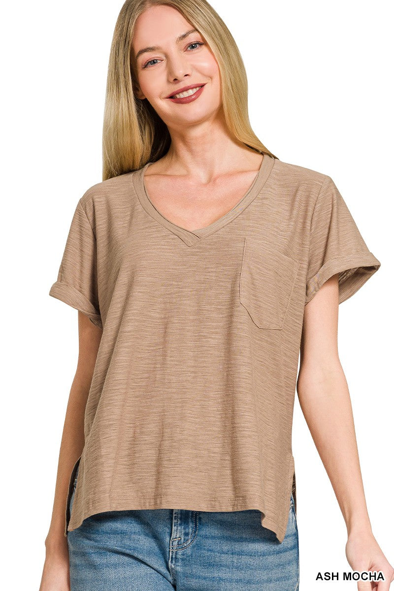 Rolled Short Sleeve V-neck Tee