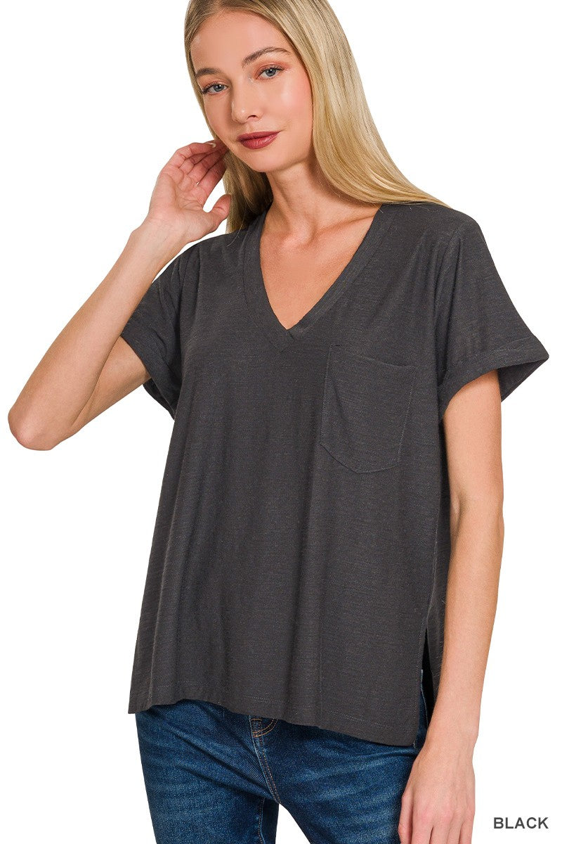 Rolled Short Sleeve V-neck Tee - Black