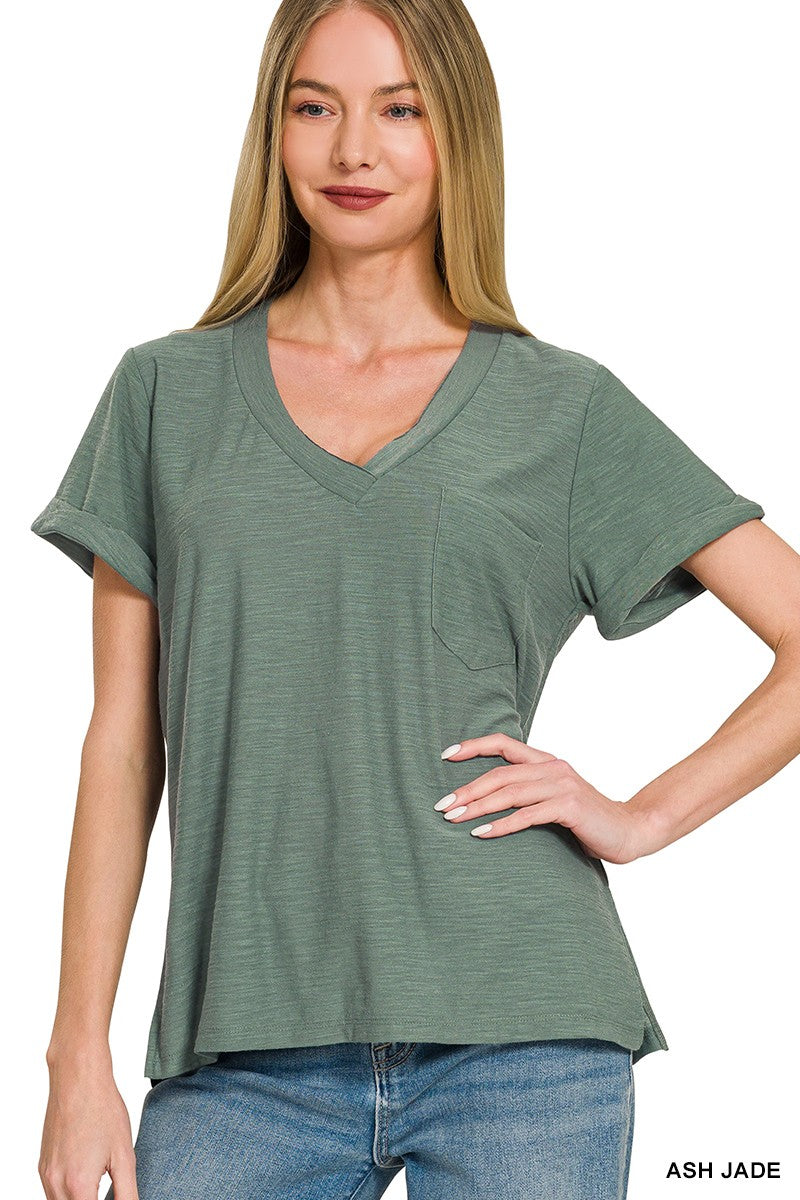 Rolled Short Sleeve V-neck Tee - Ash Jade