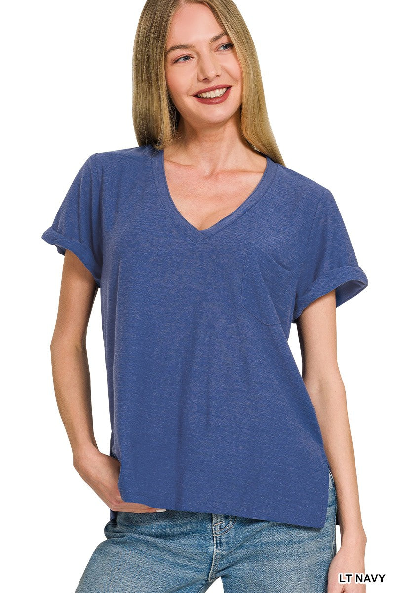Rolled Short Sleeve V-neck Tee - Navy
