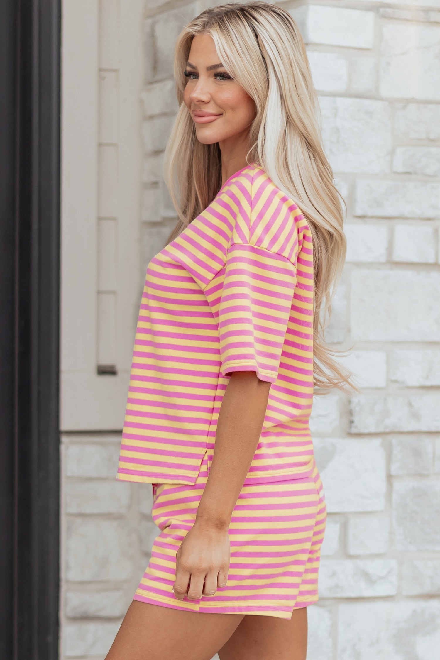 Stripe Contrast Trim Boxy Terry Short Set