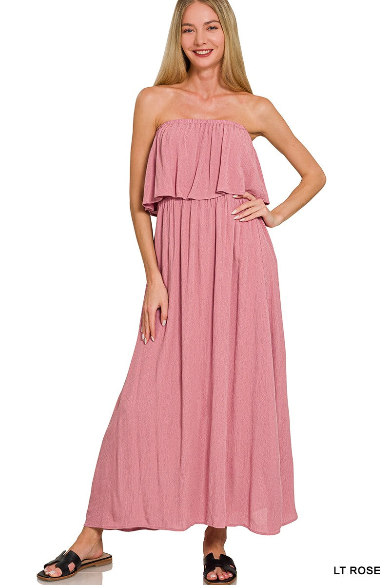 Crinkle Strapless Maxi Dress Rose