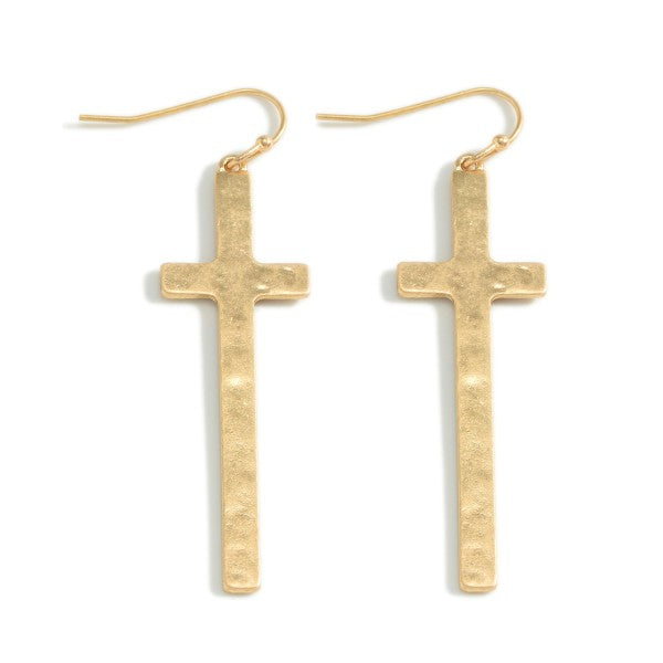 Hammered Gold Metal Tone Cross Earrings
