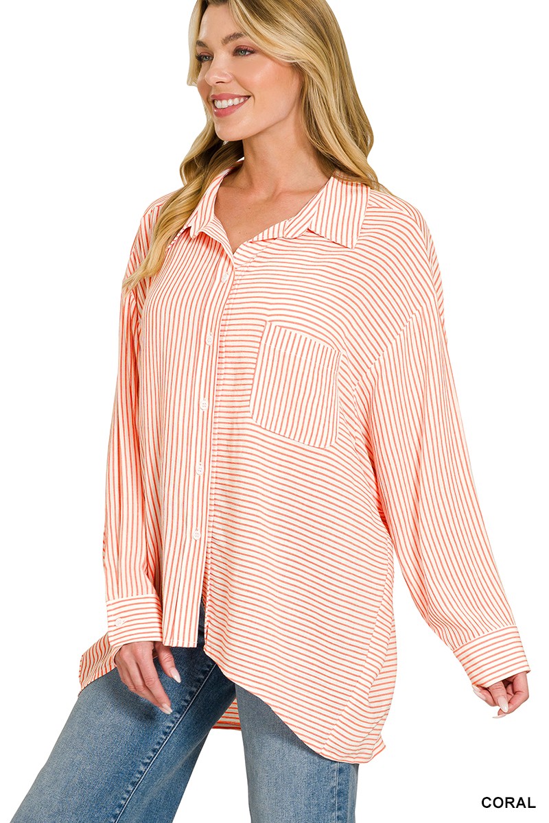 Woven Stripe Button Down Shirt - Coral