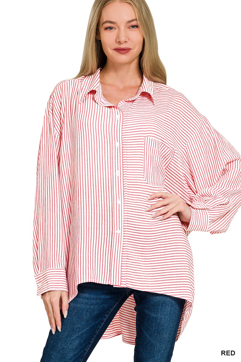 Woven Stripe Button Down Shirts Red