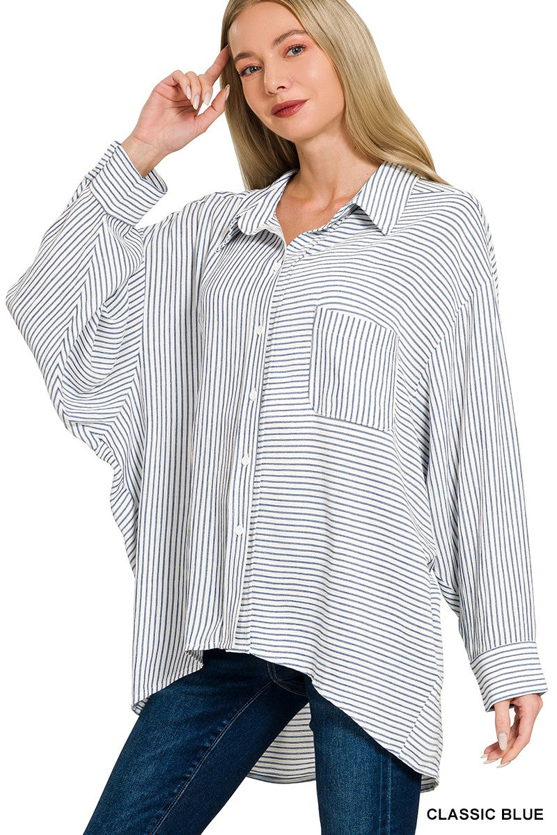 Woven Stripe Button Down Shirts Blue