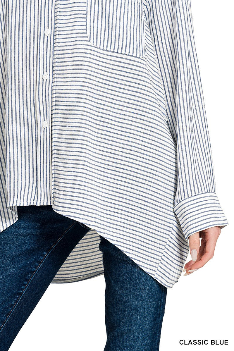 Woven Stripe Button Down Shirts Blue