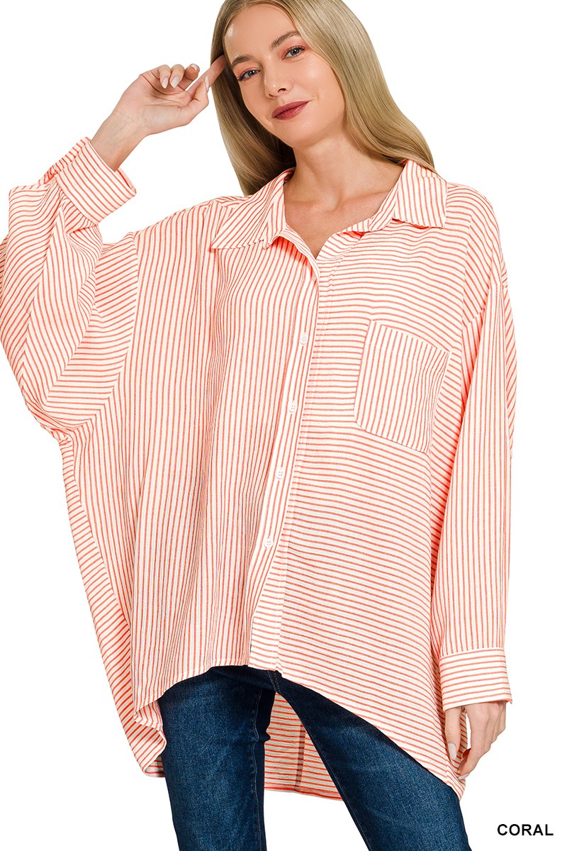 Woven Stripe Button Down Shirt - Coral