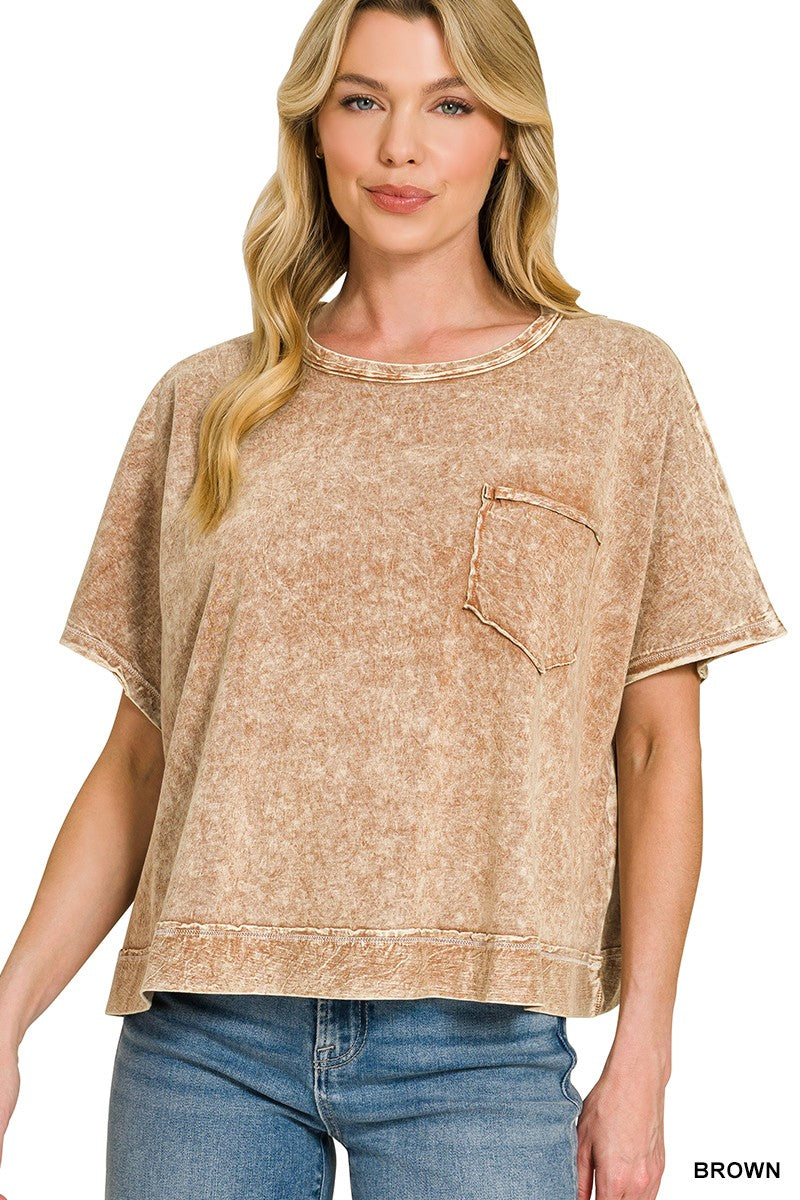 Washed Oversized Pocket Tee - Brown