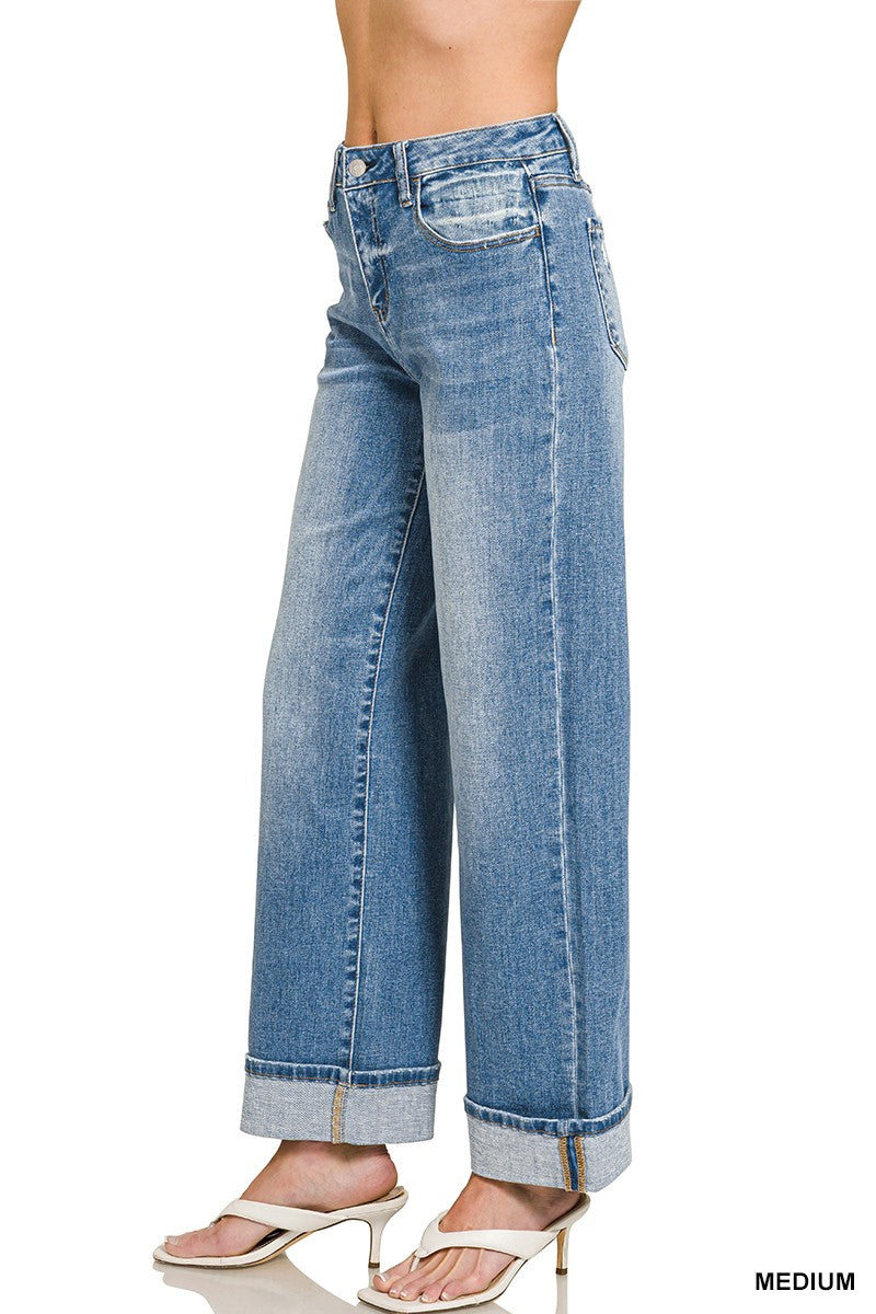 High Rise Cuffed Wide Leg Denim Pants