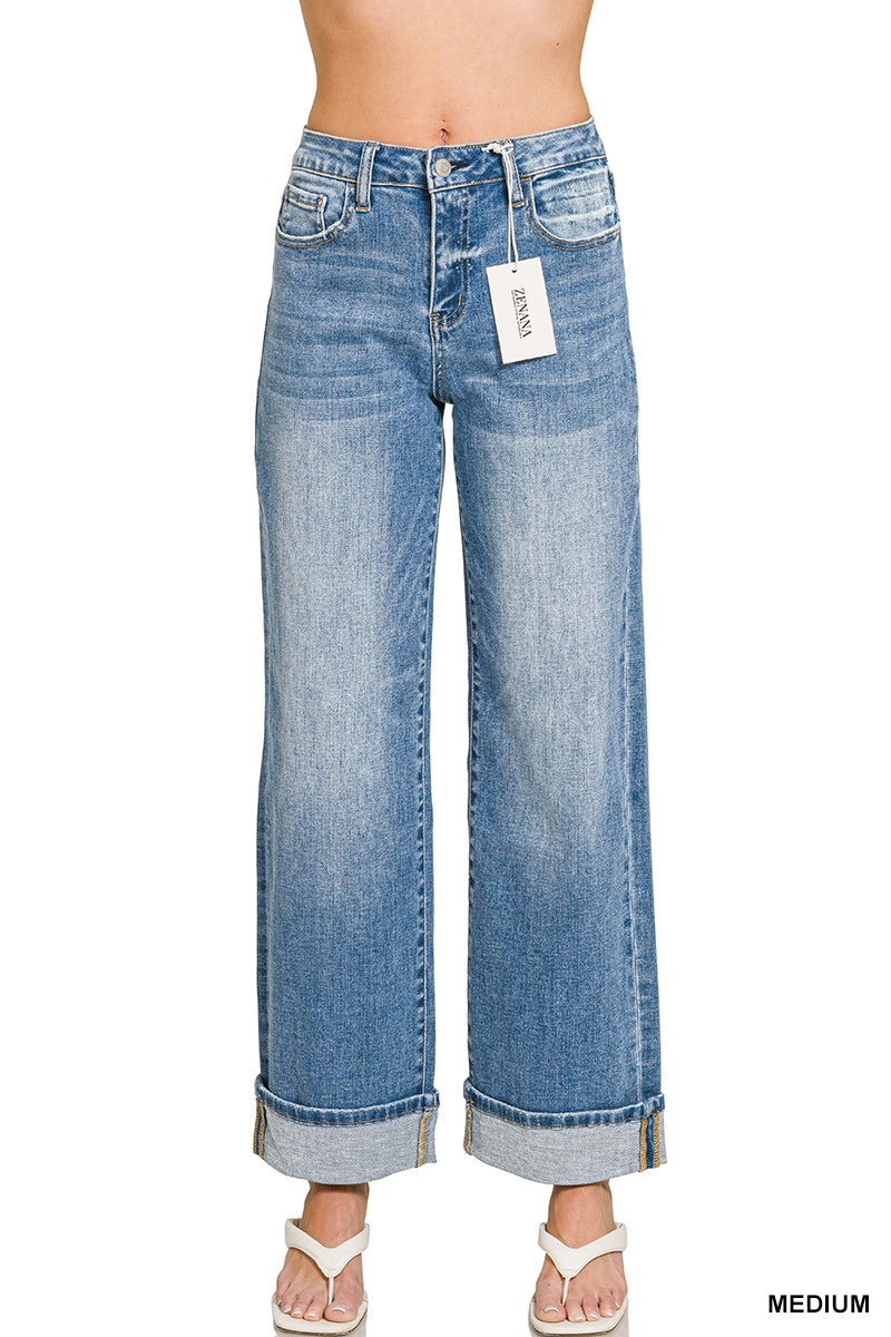 High Rise Cuffed Wide Leg Denim Pants