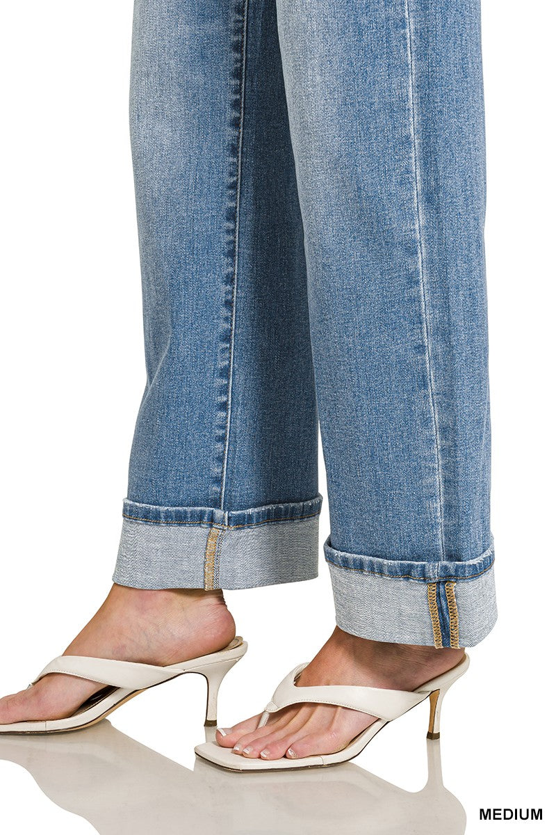 High Rise Cuffed Wide Leg Denim Pants