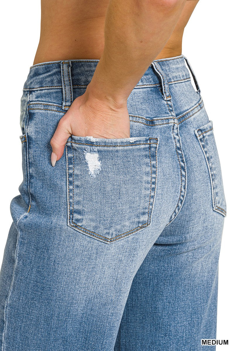 High Rise Cuffed Wide Leg Denim Pants