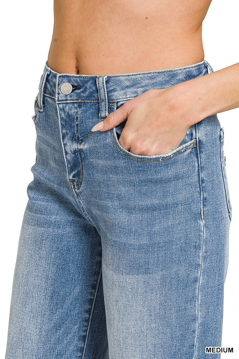 High Rise Cuffed Wide Leg Denim Pants