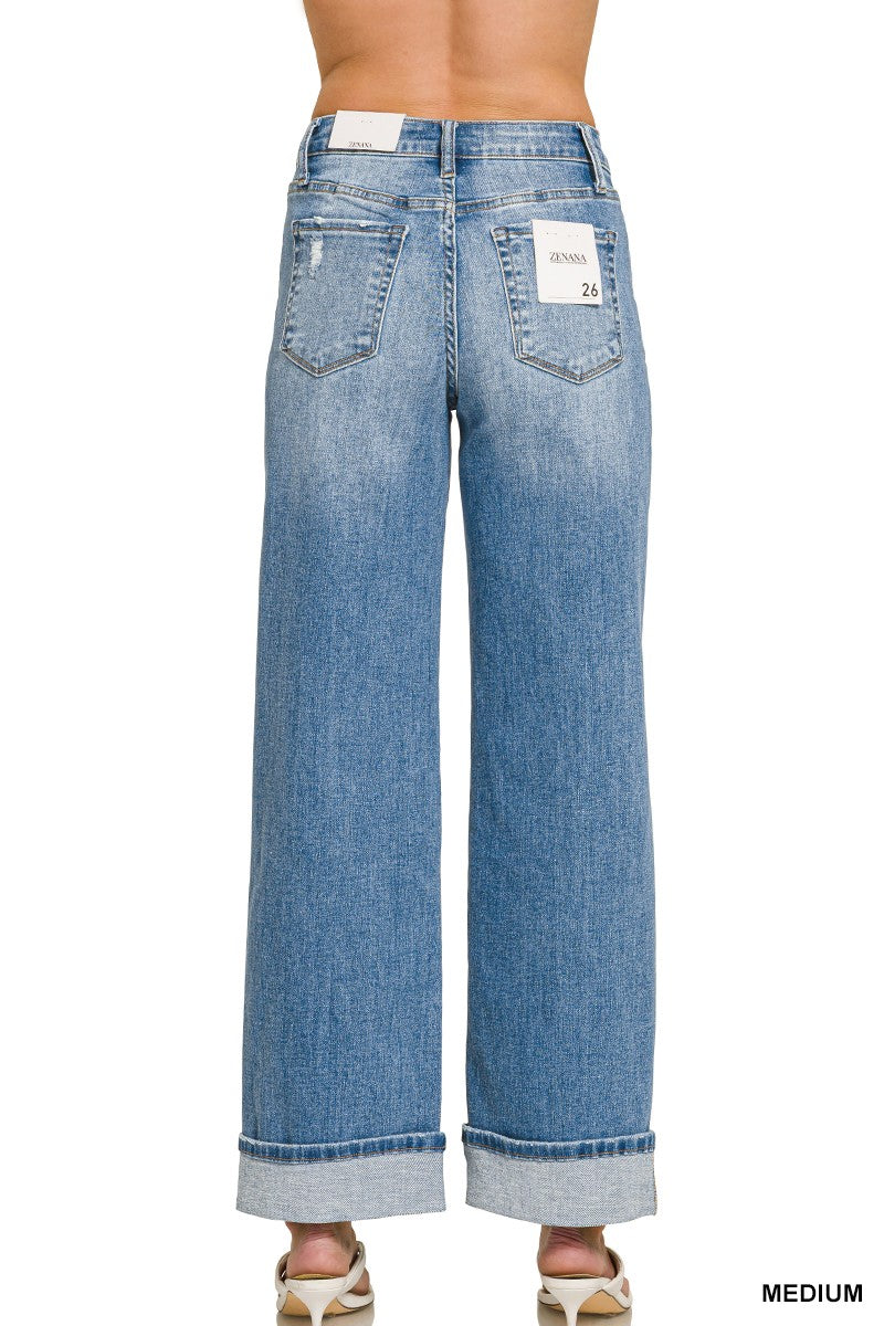 High Rise Cuffed Wide Leg Denim Pants