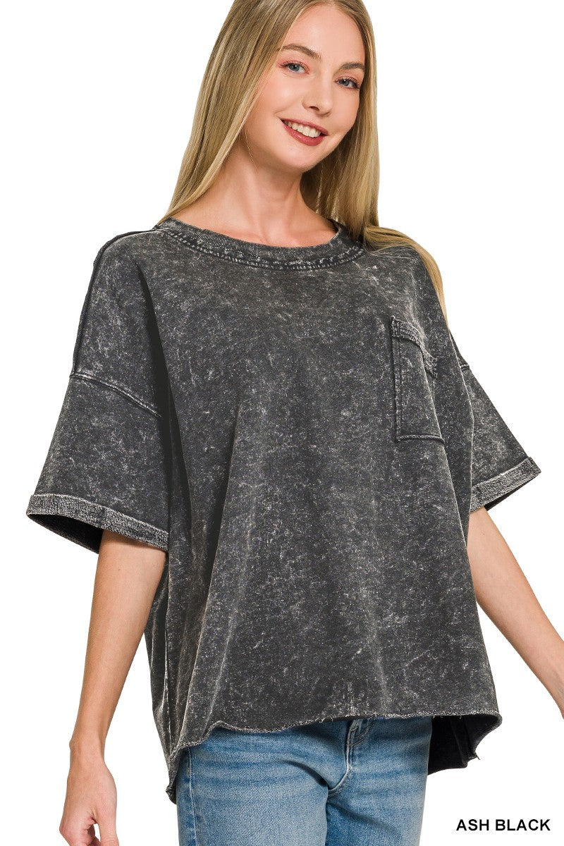 French Terry Acid Washed Tee w/ Pocket - Ash Black