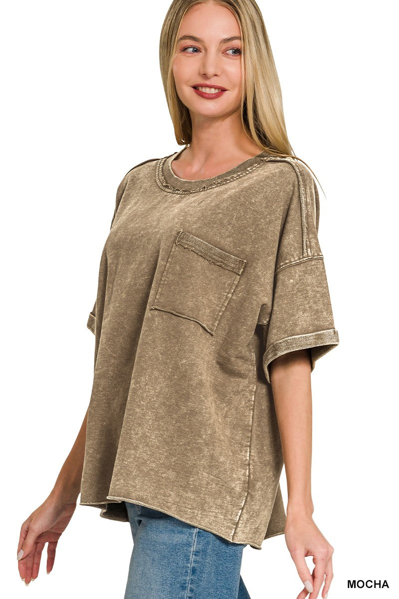 French Terry Acid Washed Tee w/ Pocket - Mocha