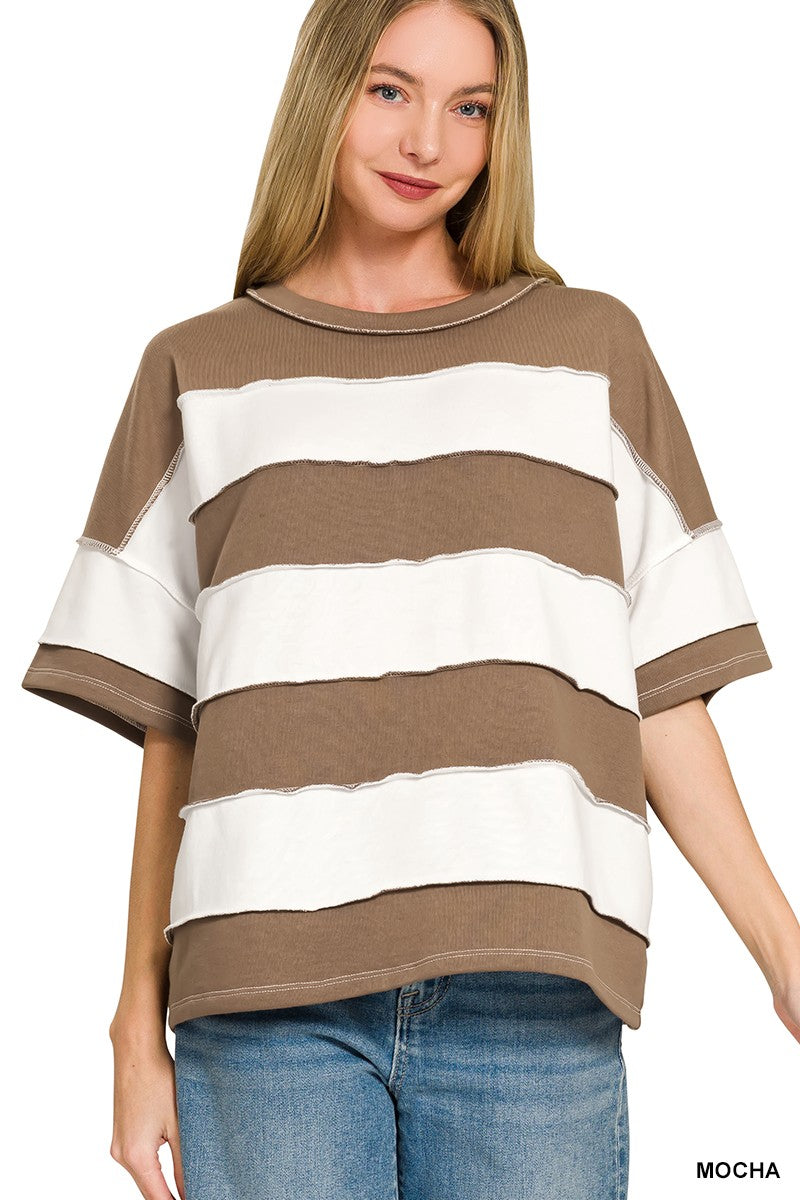 French Terry Striped Exposed Seam Top