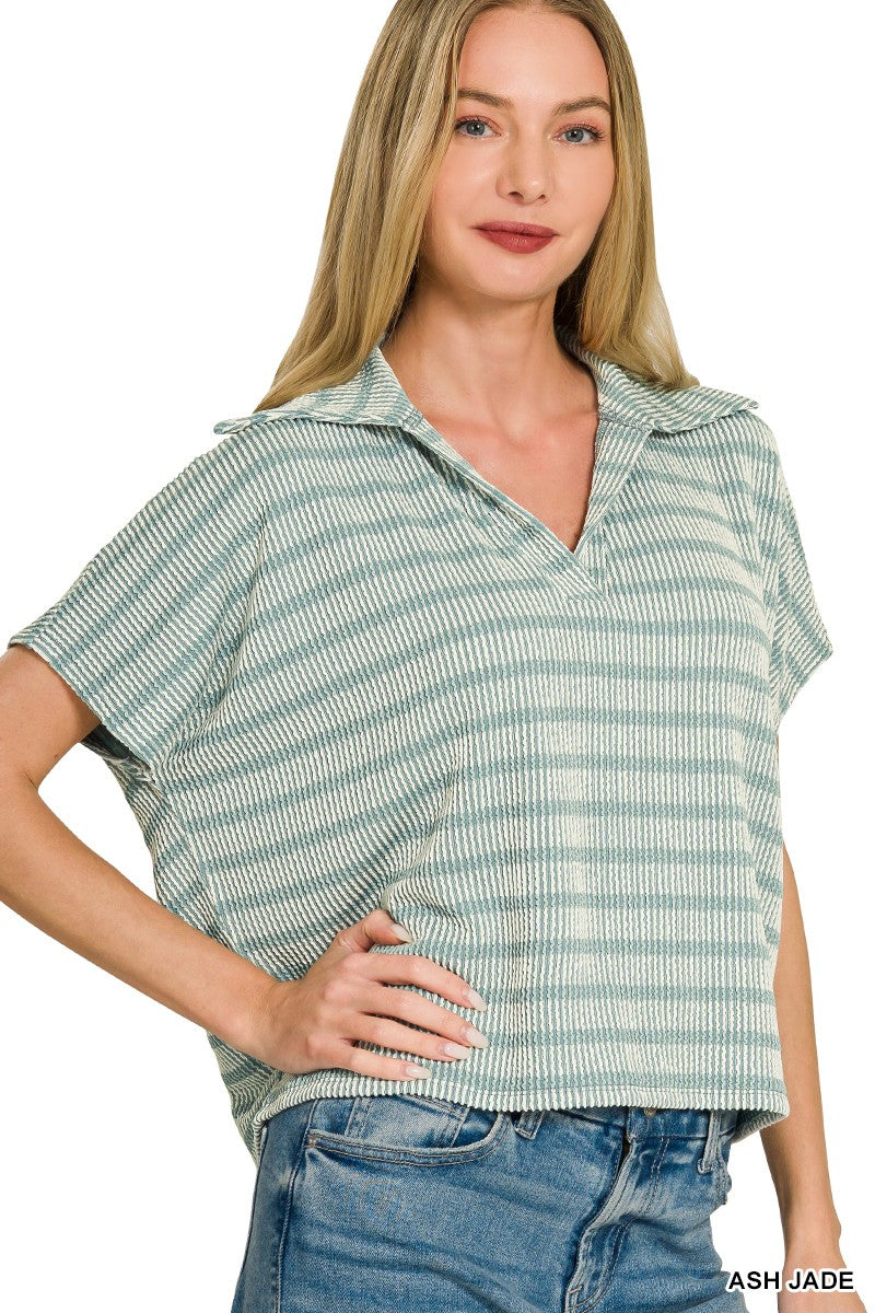 Raised Rib Striped Collared Top Jade