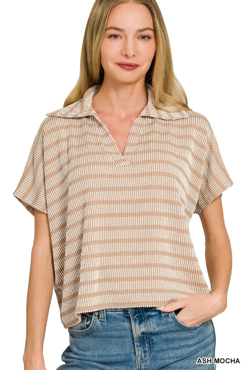 Raised Rib Striped Collared Top Mocha