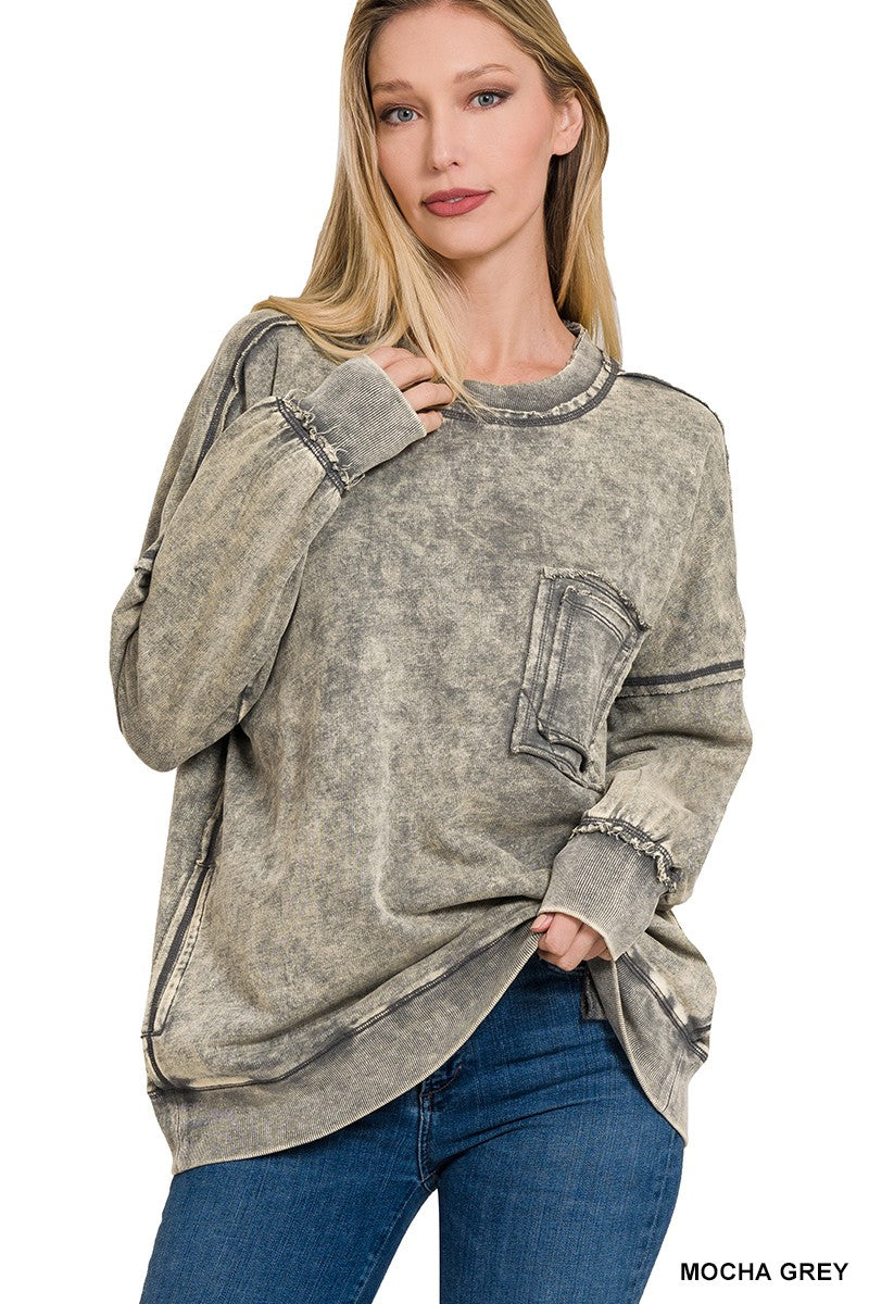 F/terry Acid Wash Raw Edge Front Pocket Pullover