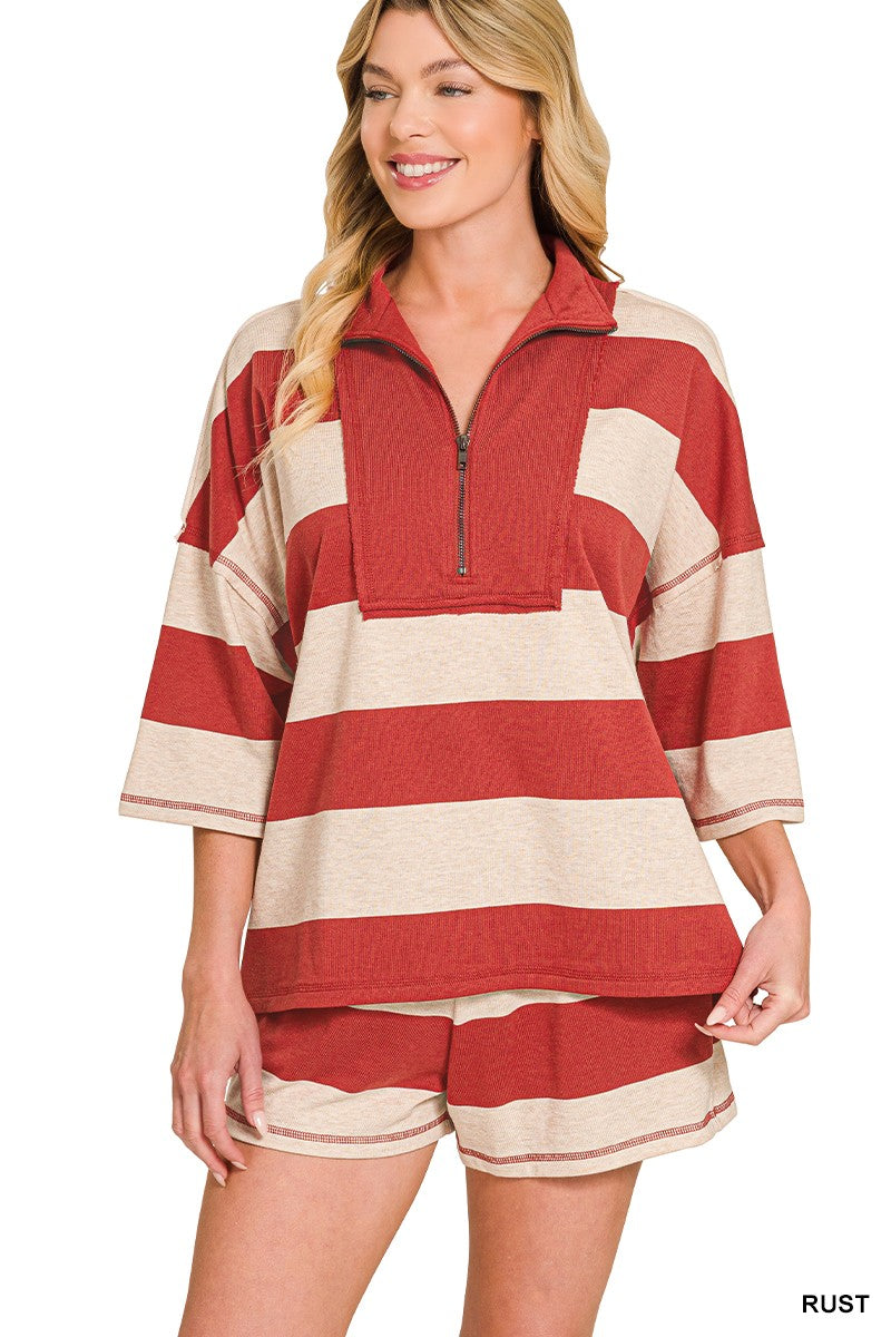 F/terry Striped Half Zip High Neck Top & Shorts Set