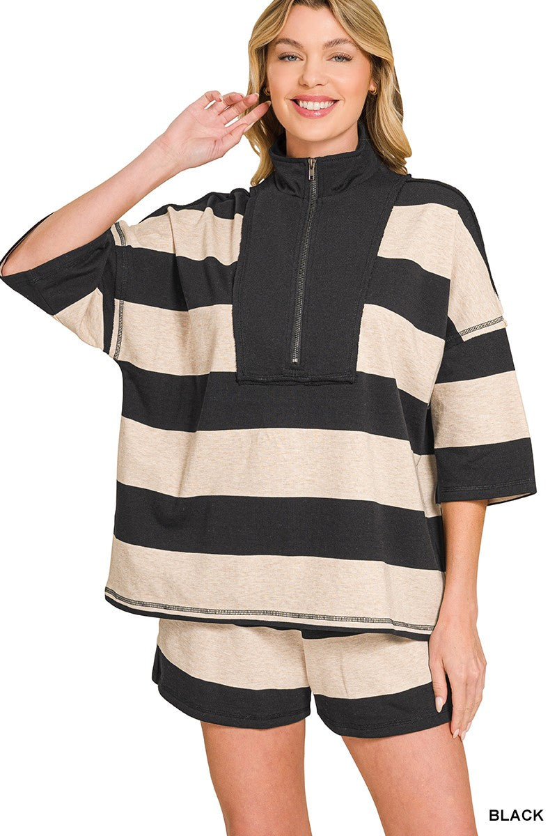 FRENCH TERRY STRIPED HALF ZIP TOP & SHORTS SET