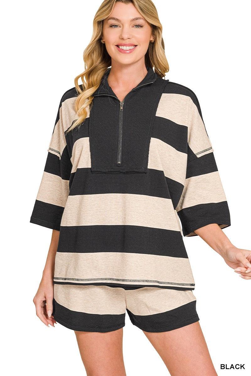 FRENCH TERRY STRIPED HALF ZIP TOP & SHORTS SET