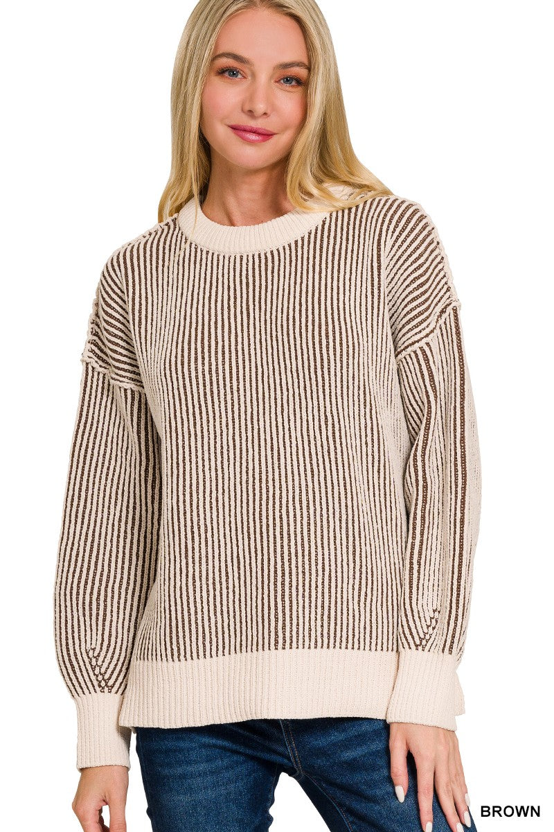 Two Tone Crewneck Sweater - Brown