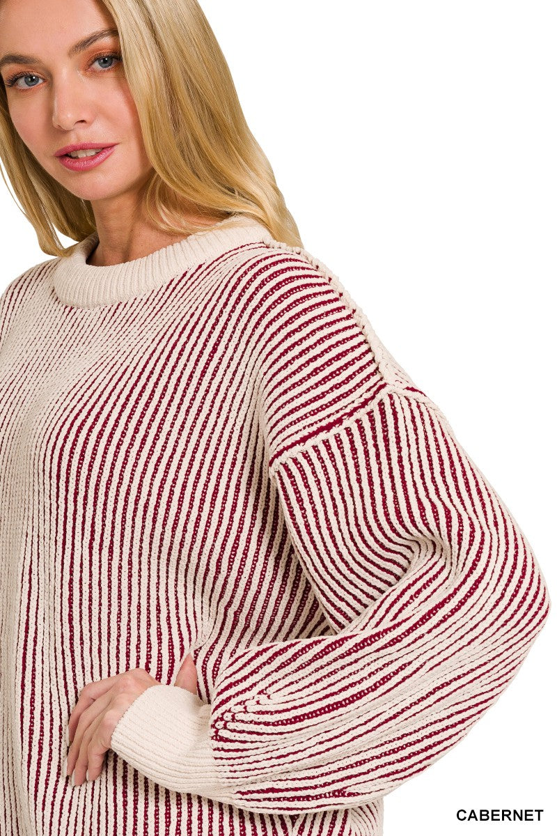 Two Tone Crewneck Sweater - Cabernet